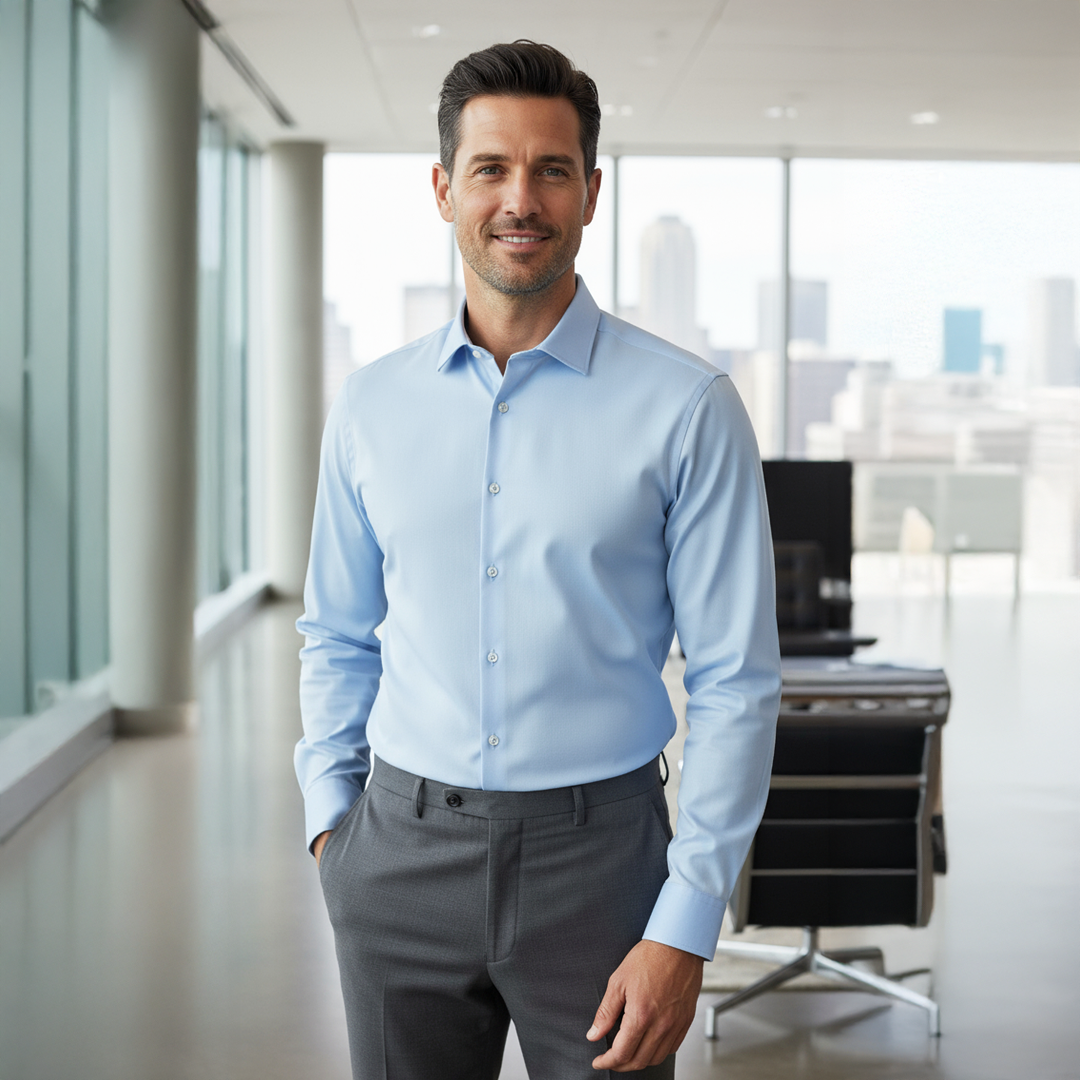 Valuetainment Men's Sky Blue Tencel Long Sleeve Button Down Shirt (Classic Fit)