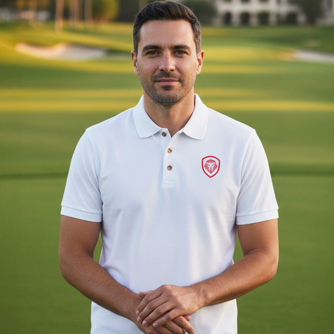 Future Looks Bright Lion Shield Premium White and Gold Polo Shirt (Classic Fit)
