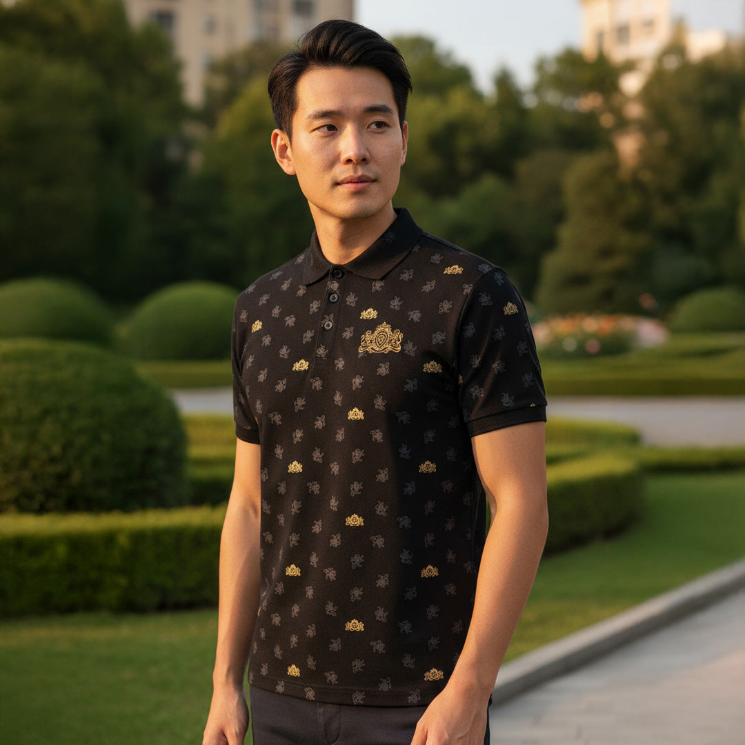 Future Looks Bright Royal Crest Allover Print Black and Gold Polo