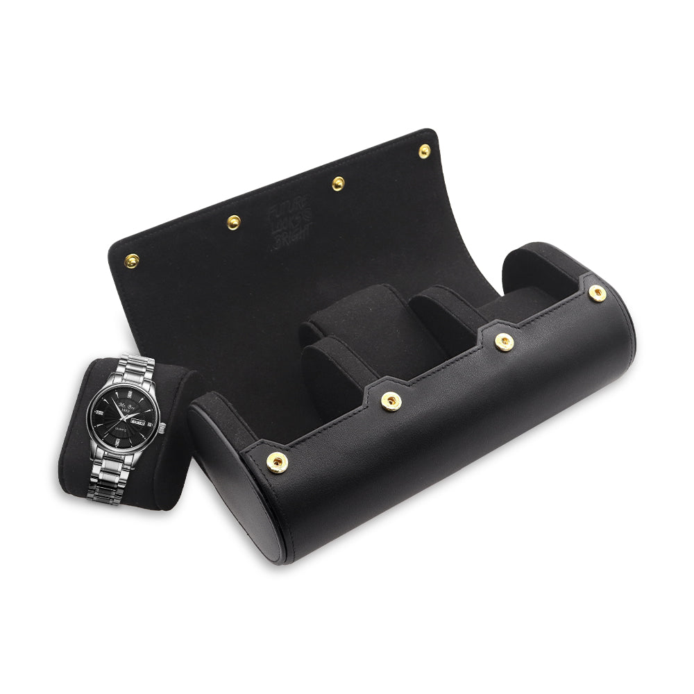Future Looks Bright Black Embossed Leather Triple Watch Carrier
