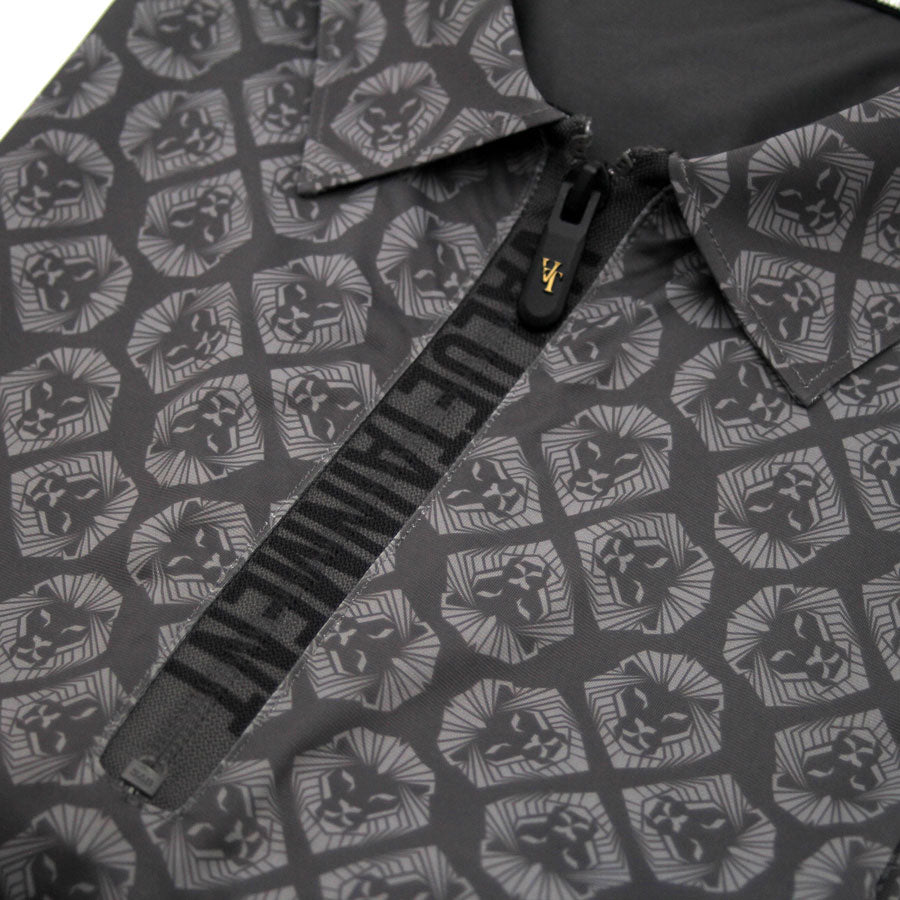 Valuetainment Lion Shield Performance Black and Grey Zipper Polo Shirt (Classic Fit)