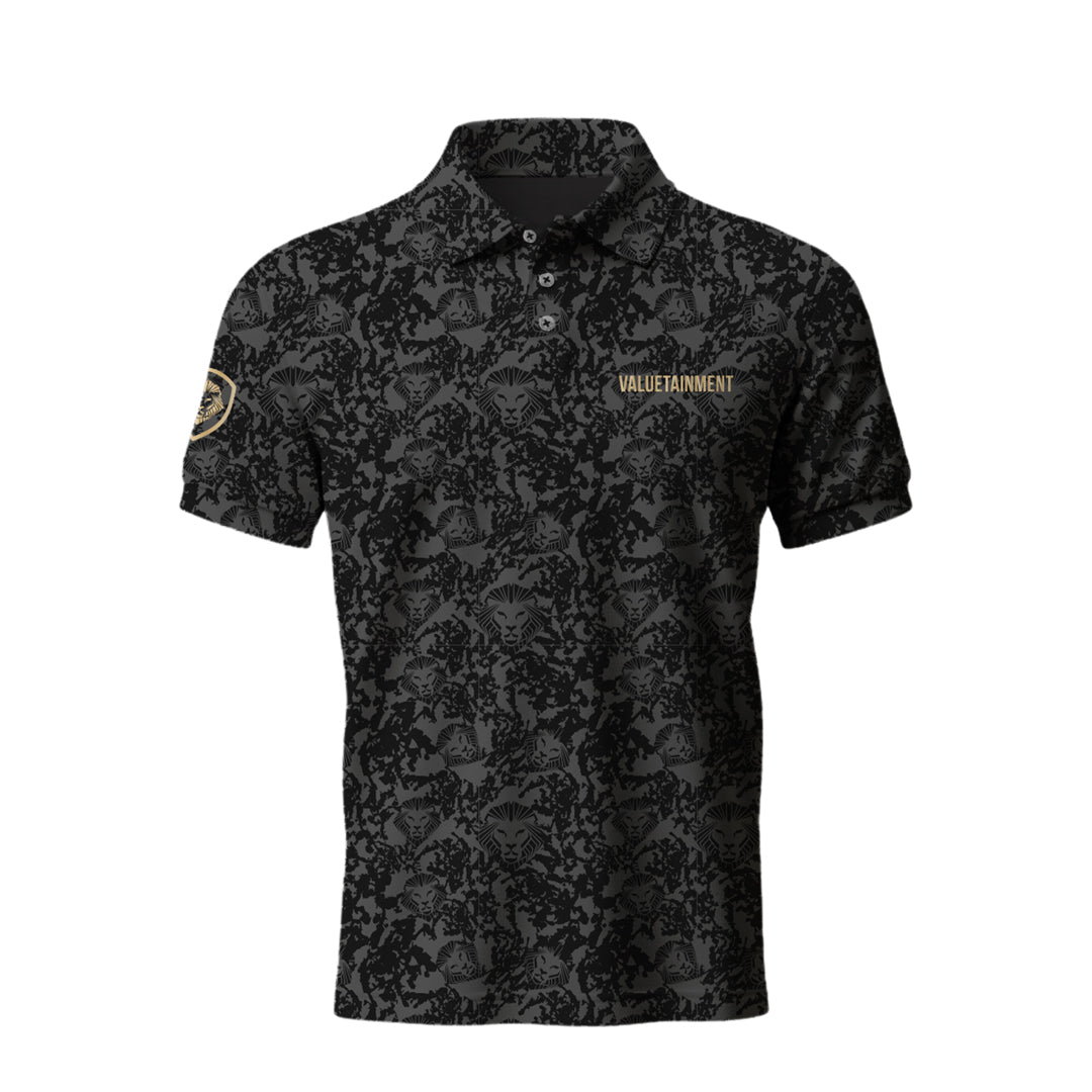 Lion Shield Charcoal Grey Pattern Print Short Sleeve Polo (Classic Fit)