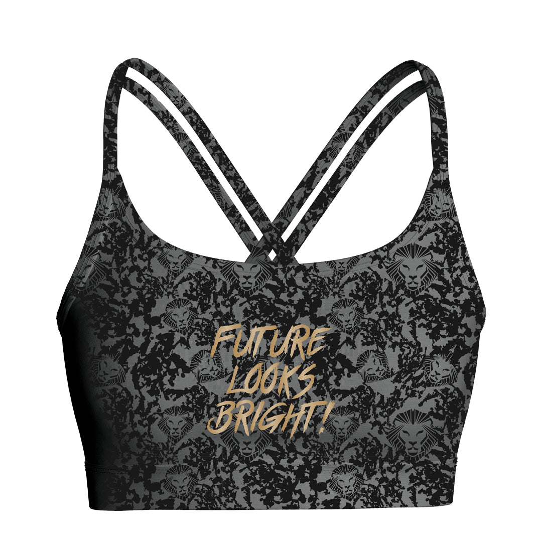 Women's Lion Shield Charcoal Grey Pattern Print Strappy Sports Bra