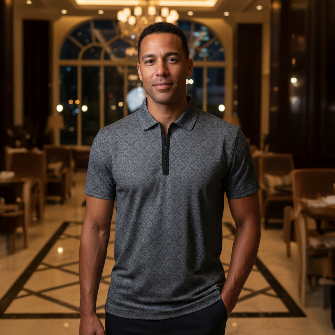 Valuetainment Lion Shield Performance Black and Grey Zipper Polo Shirt (Classic Fit)