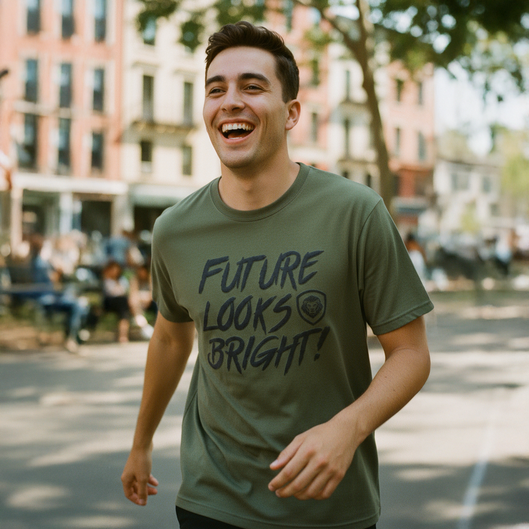 Future Looks Bright New Army Green & Black Raised Embossed Print Performance Short Sleeve T-Shirt