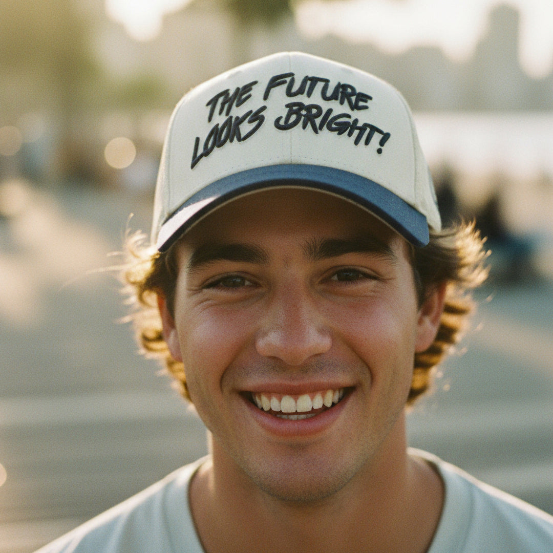 Future Looks Bright Dual Tone Beige and Navy Topo Print Snapback Hat