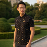 Future Looks Bright Royal Crest Allover Print Black and Gold Polo