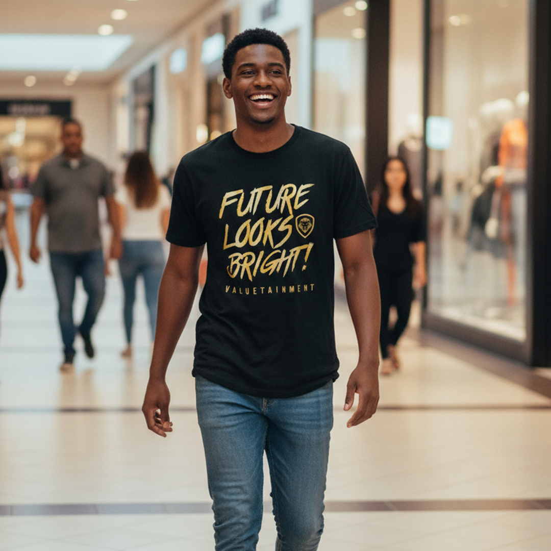 Future Looks Bright Premium Curved Hem Black and Gold Short Sleeve T-Shirt