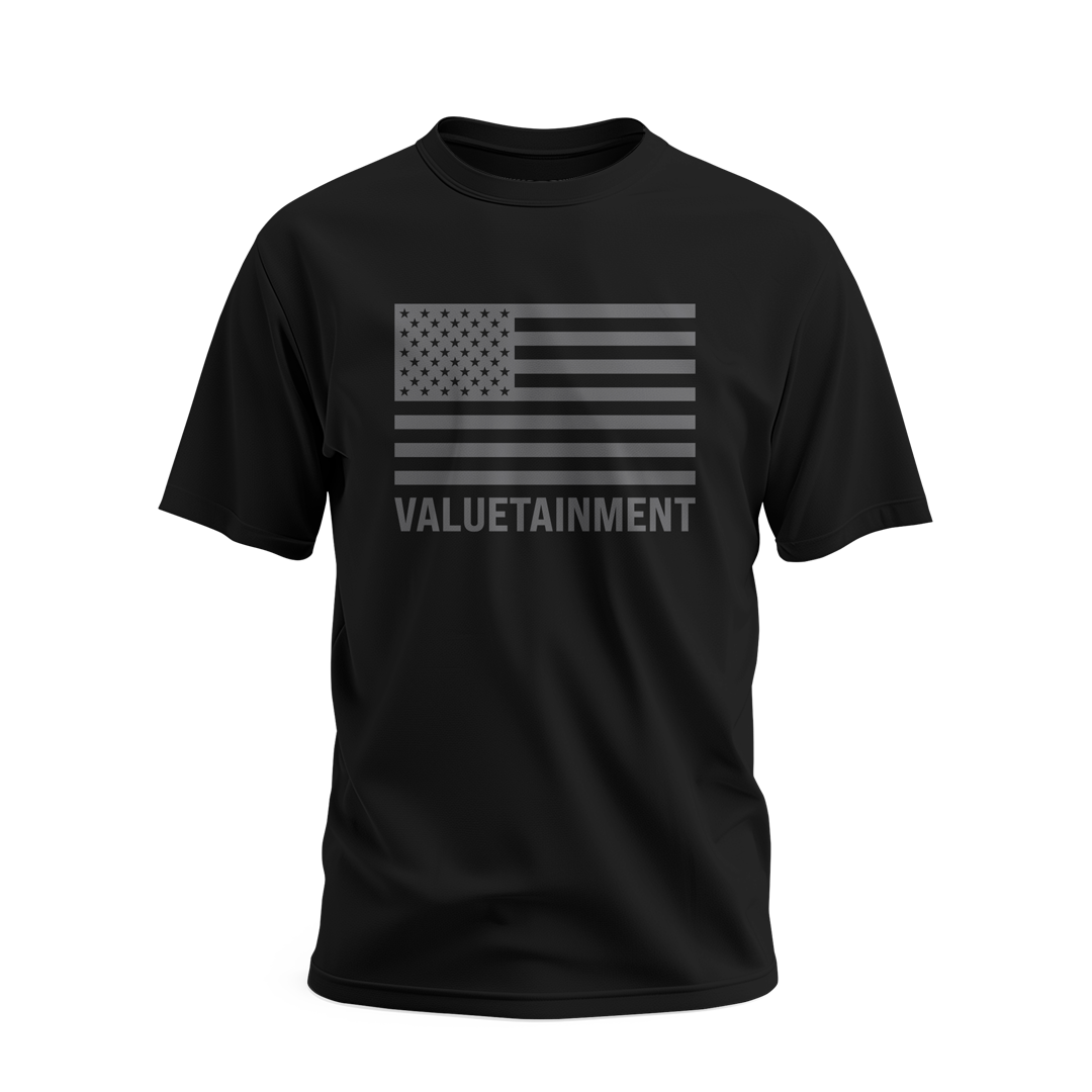 Valuetainment Oversized Flag Print Black & Grey Performance Short Sleeve T-Shirt
