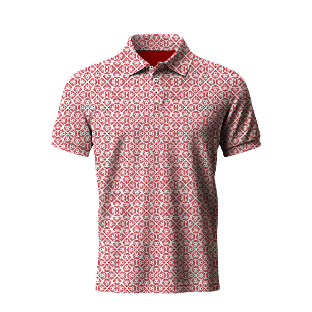Lion Shield Red and White Pattern Print Short Sleeve Polo (Classic Fit)