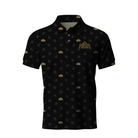 Future Looks Bright Royal Crest Allover Print Black and Gold Polo