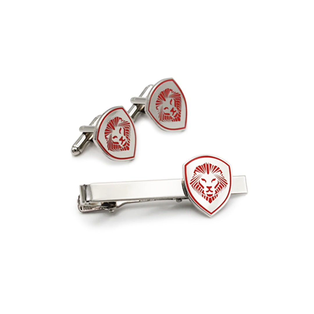 Lion Shield Valuetainment Red & Silver Cufflink & Tie Bar Set