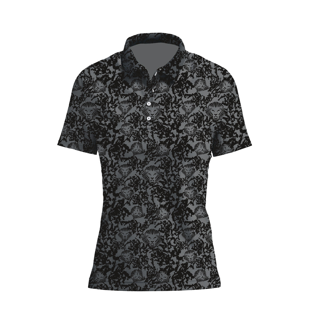 Women's Lion Shield Charcoal Grey Pattern Print Short Sleeve Polo