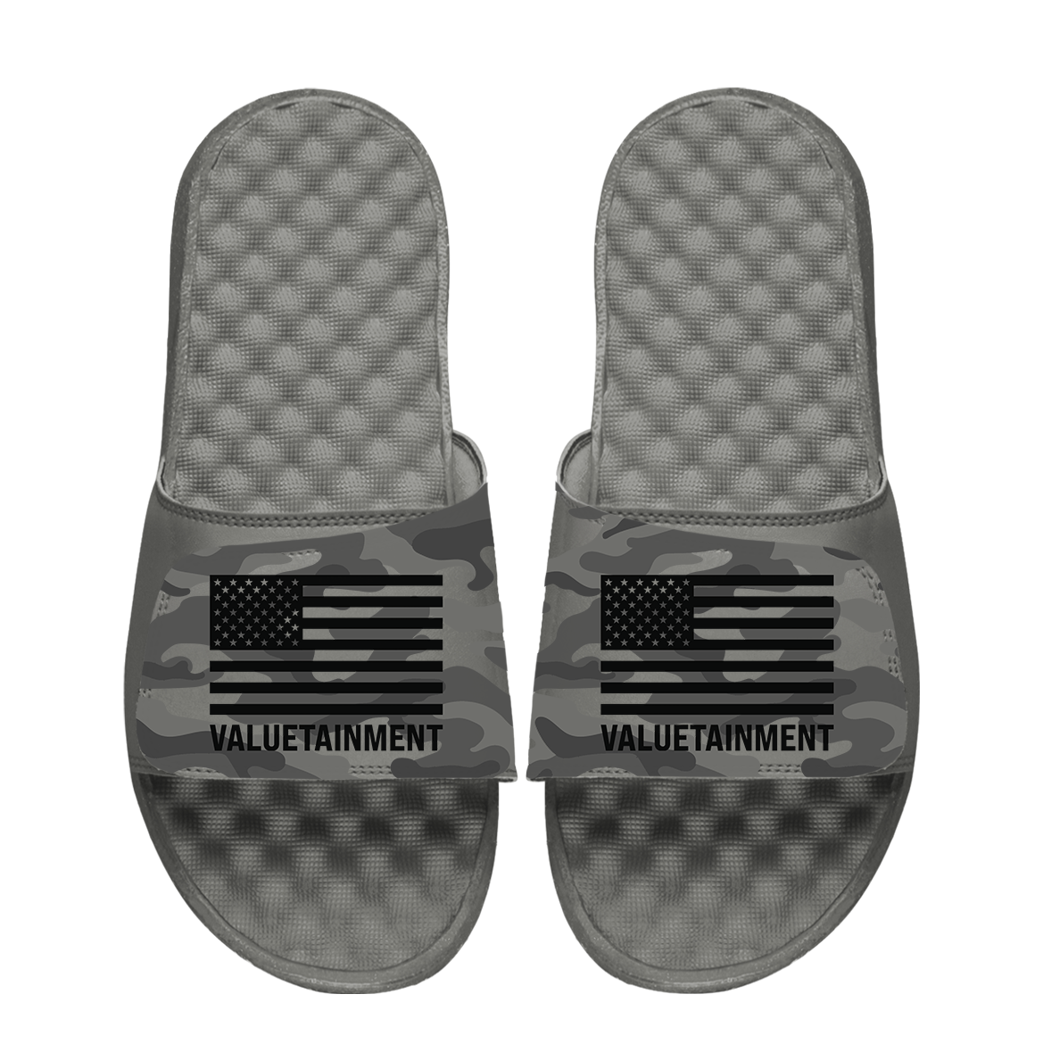 Valuetainment Patriotic USA Flag Gray Camo Comfort Slides