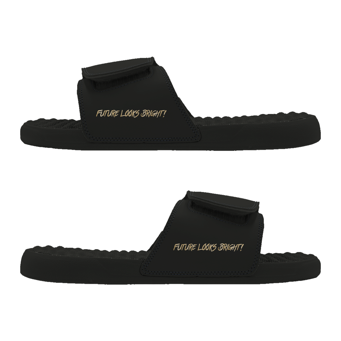 Future Looks Bright Sleek Lion Shield Black and Gold Comfort Slides