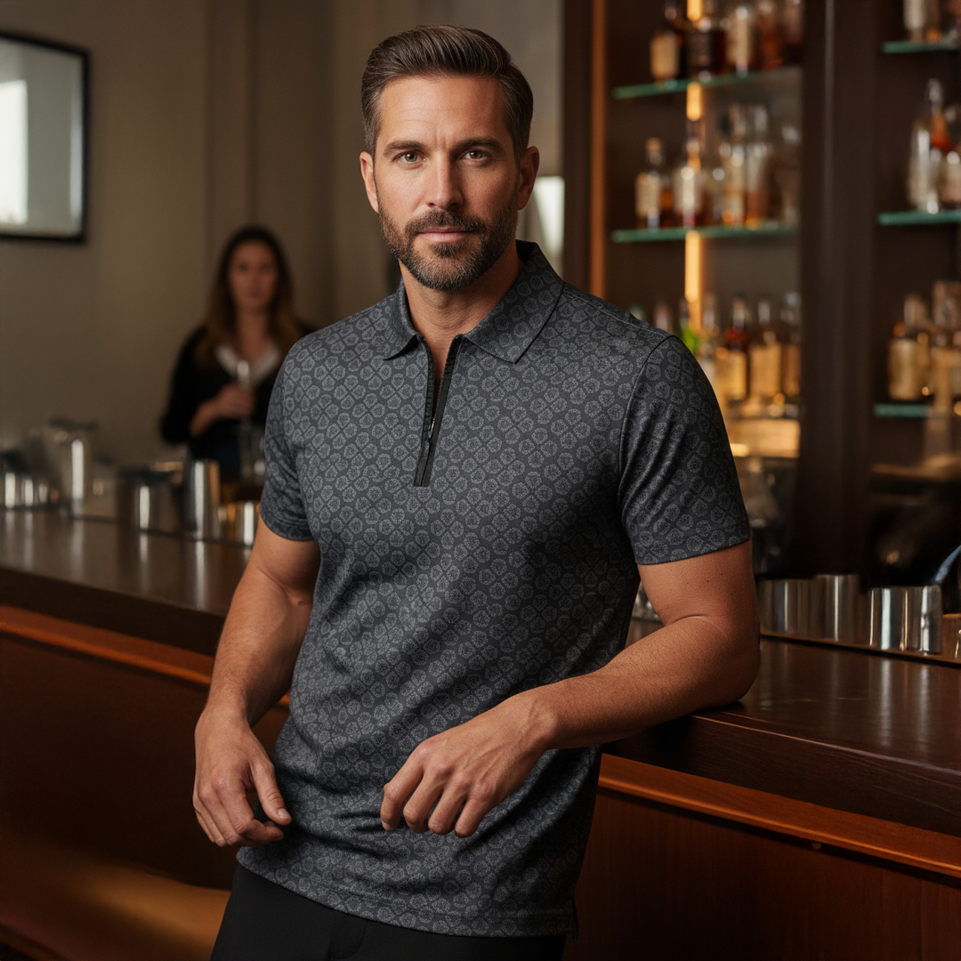 Valuetainment Lion Shield Performance Black and Grey Zipper Polo Shirt (Classic Fit)