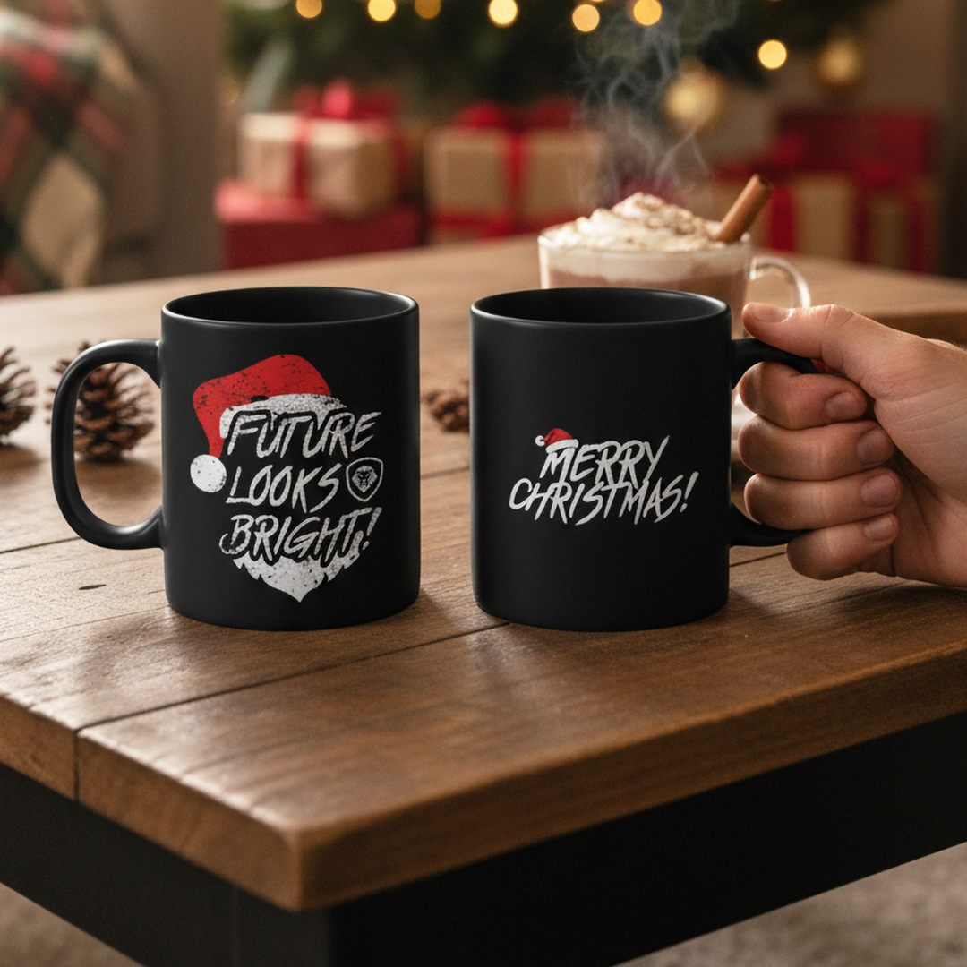 Future Looks Bright Christmas Santa Hat Black Mug
