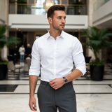 Valuetainment Men's Solid White Tencel Long Sleeve Button Down Shirt (Classic Fit)